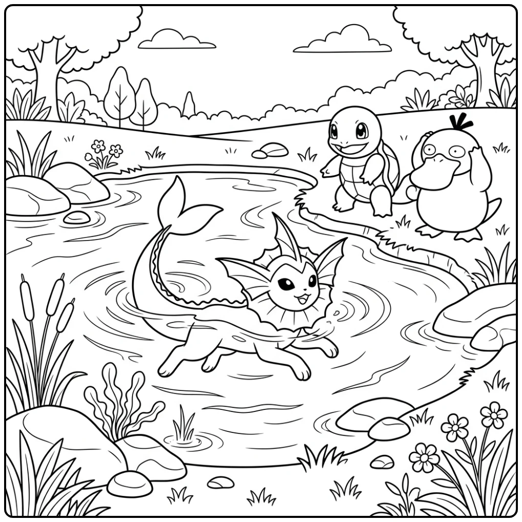 Vaporeon Squirtle and Psyduck with the Pond coloring page