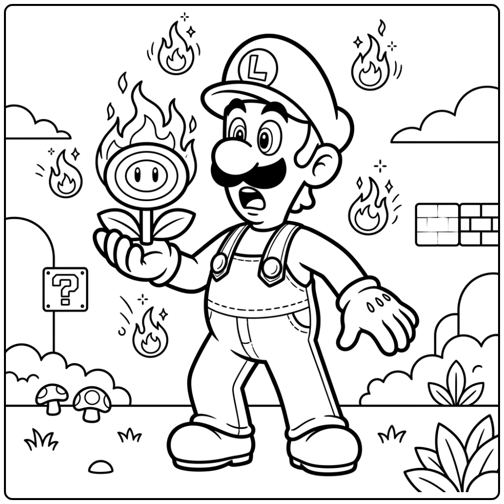 Surprised Luigi with a Fire Flower coloring page