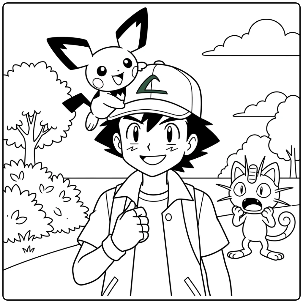 Surprised Meowth and Cute Pichu on a Cap coloring page