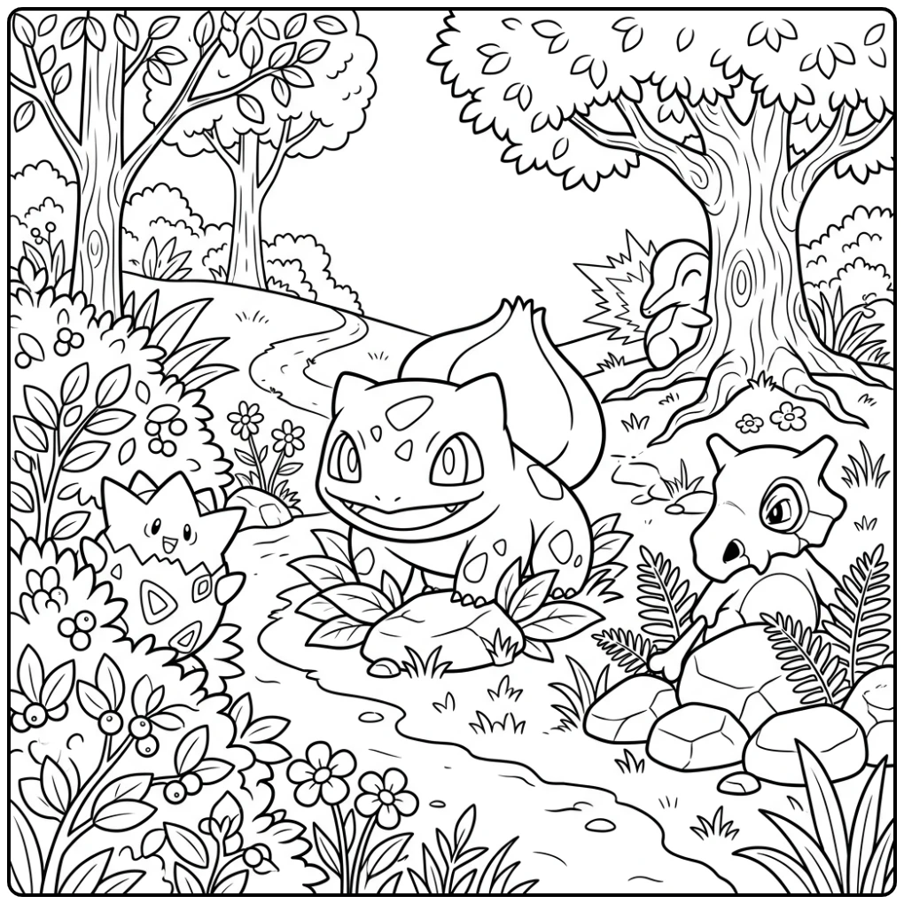 Bulbasaur Playing Hide-and-seek with Friends coloring page