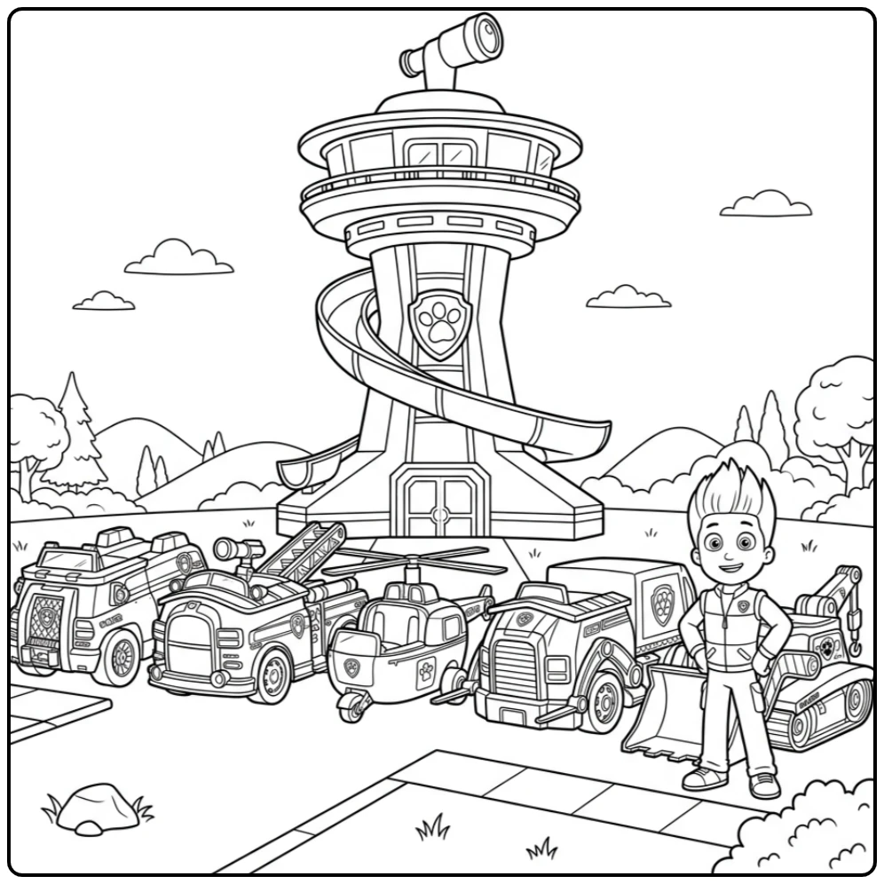 Gathered Paw Patrol Vehicle Lookout Tower with Ryder coloring page