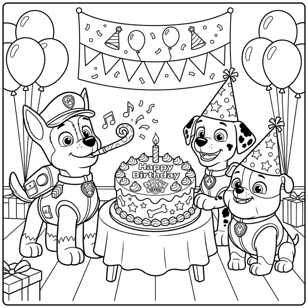 Four Party This Paw Patrol Birthday with Pups and Cake coloring page