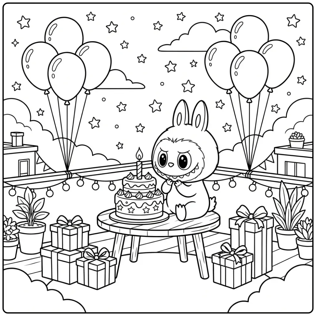 Labubu Birthday Celebration on the Roof coloring page