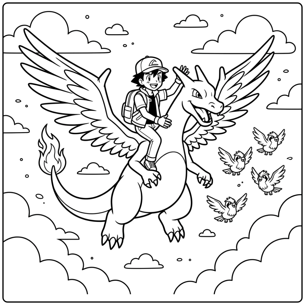 Flying Charizard Ash and Pidgey in the Sky coloring page