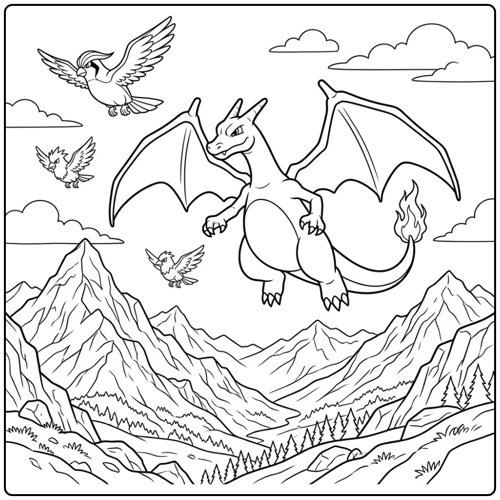 Flying Charizard Pidgeotto and Spearow coloring page