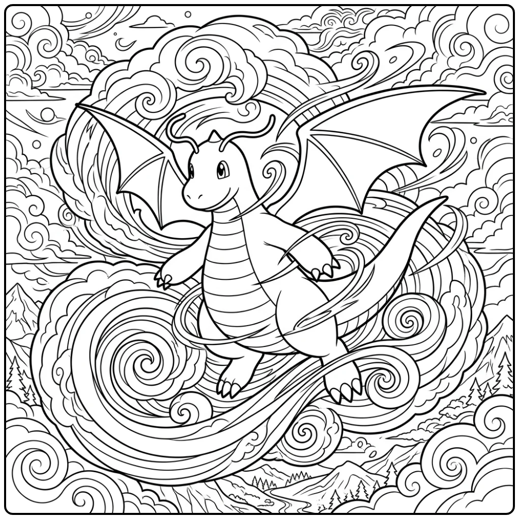 Flying Dragonite Challenging Pokemon Detailed coloring page