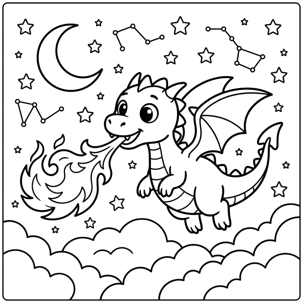 Flying Dragon with Fire in the Night Sky coloring page