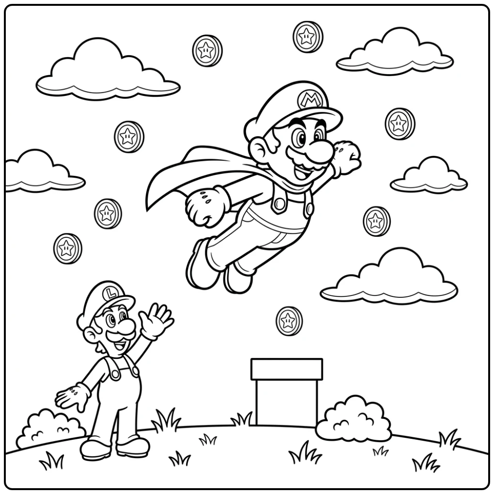Flying Mario with Luigi on the Ground coloring page