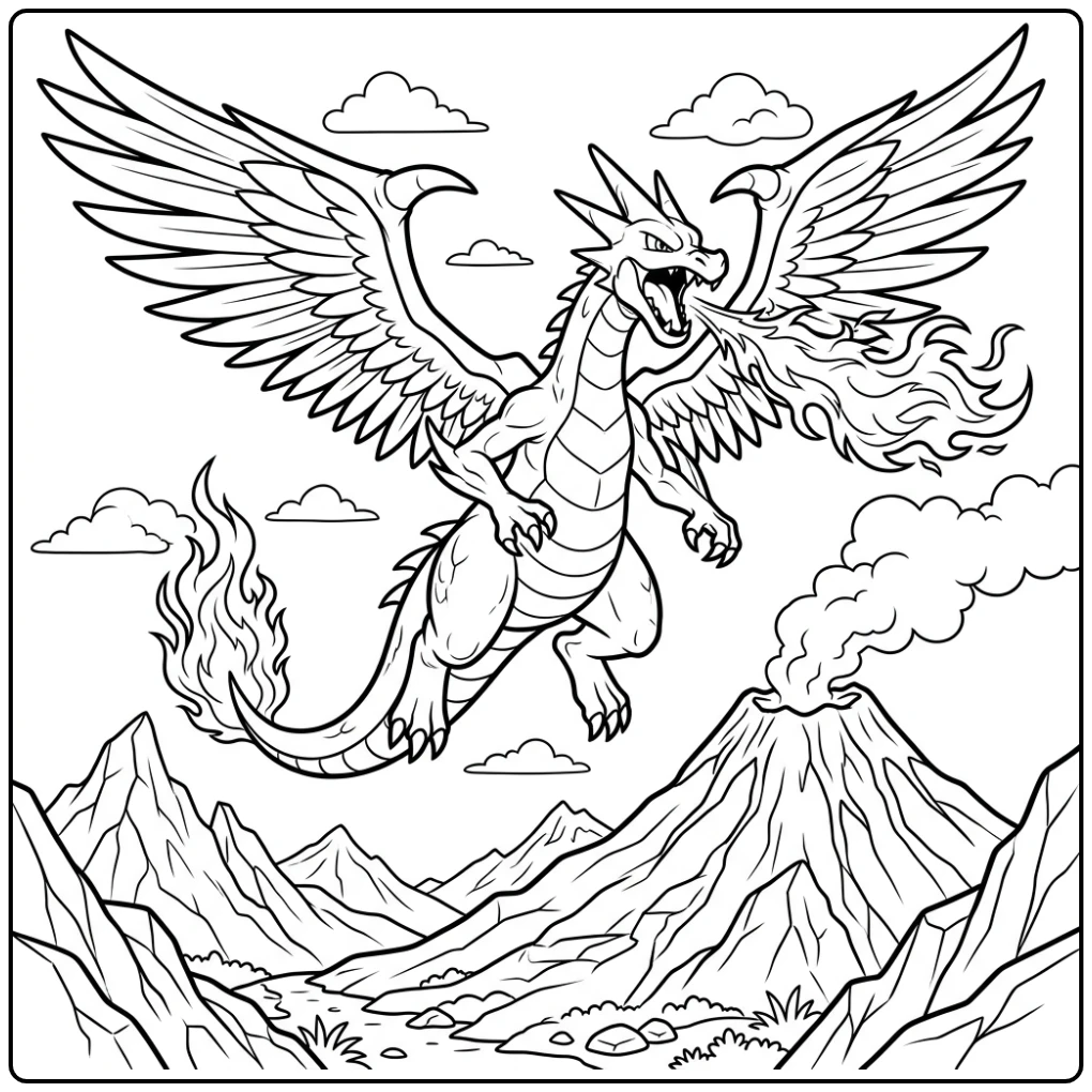 Flying Pokemon Mega Charizard Y with Flames coloring page