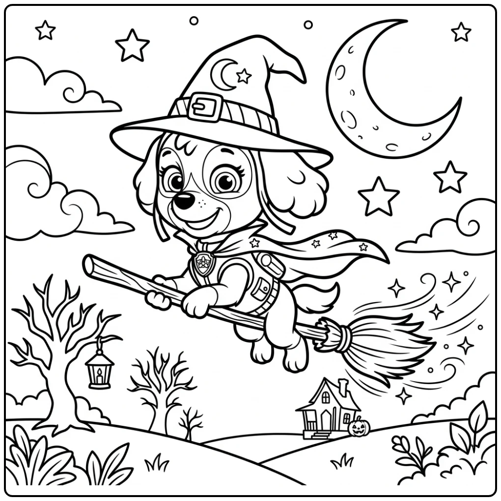 Flying Witch Skye at Paw Patrol Halloween coloring page