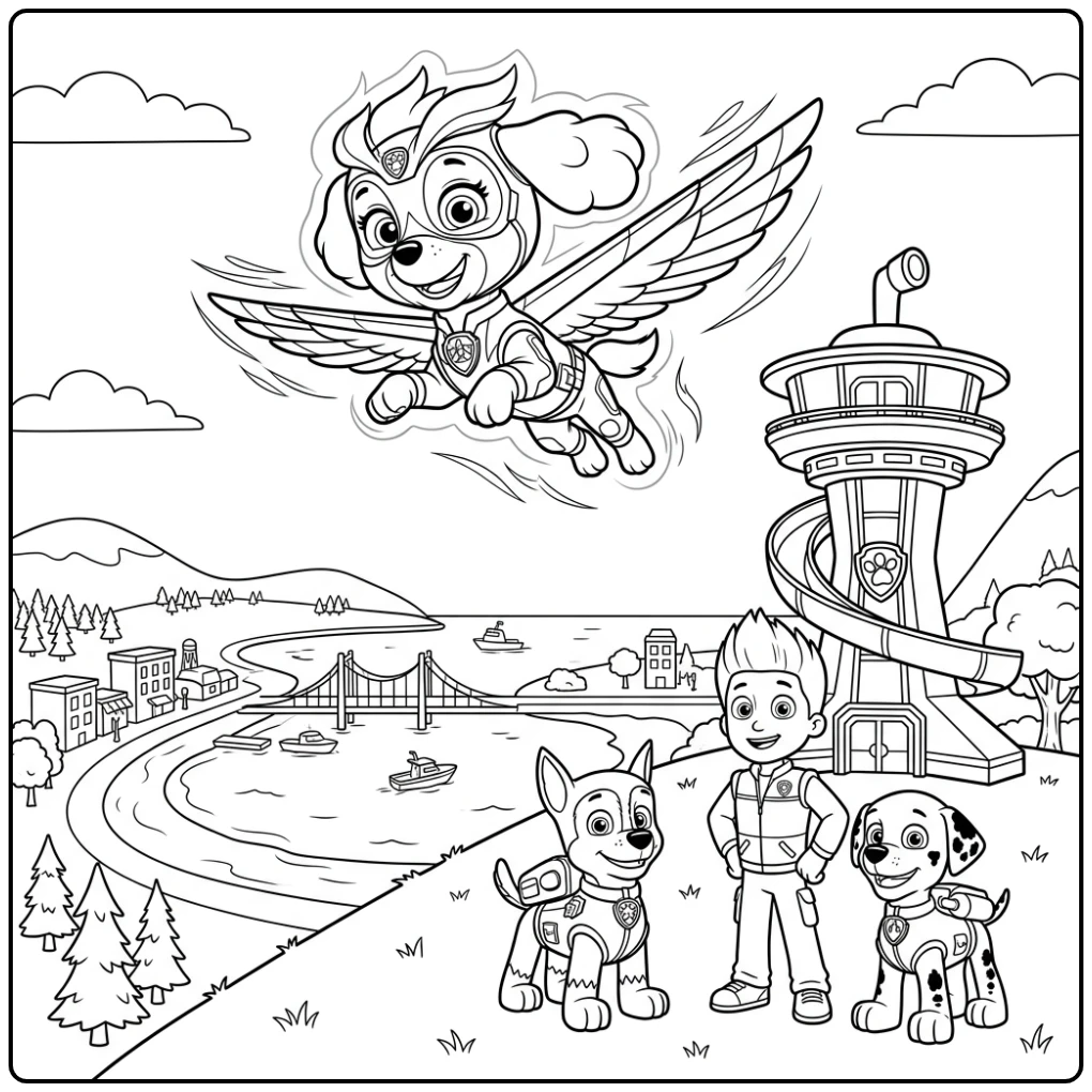 Flying Skye Paw Patrol Mega Pups Above Adventure Bay coloring page