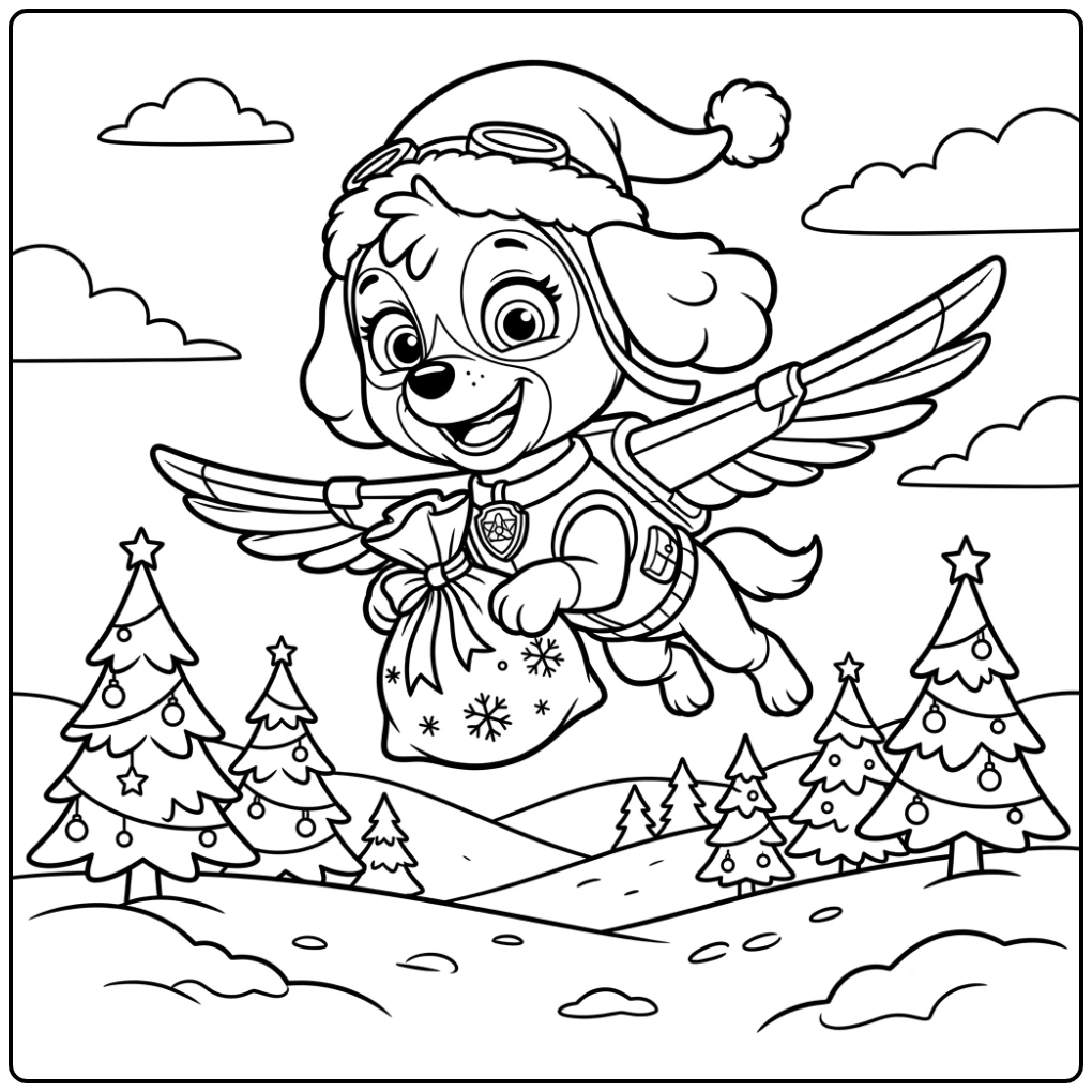 Flying Skye with Santa Hat and Gift Paw Patrol Christmas coloring page