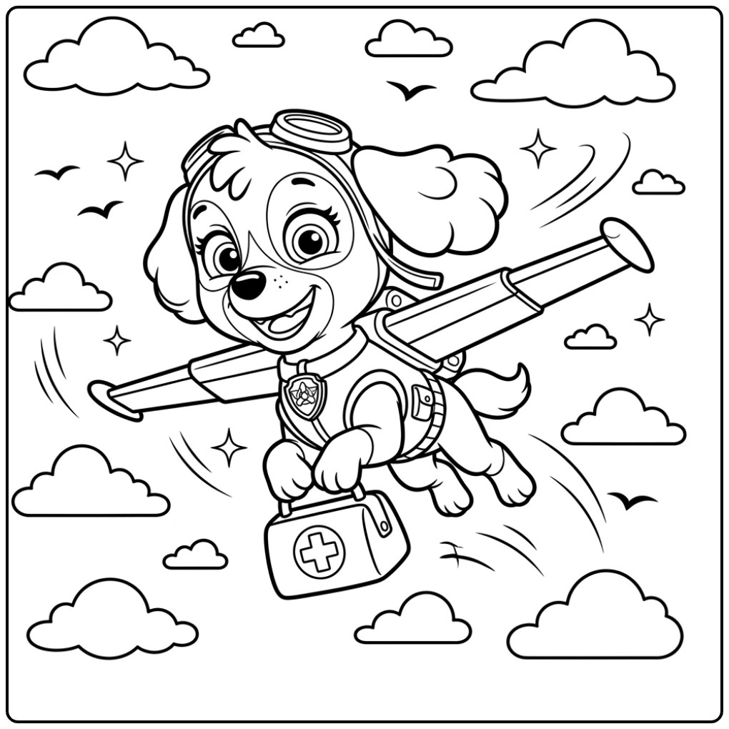 Skye Paw Patrol Flying with a Rescue Kit coloring page