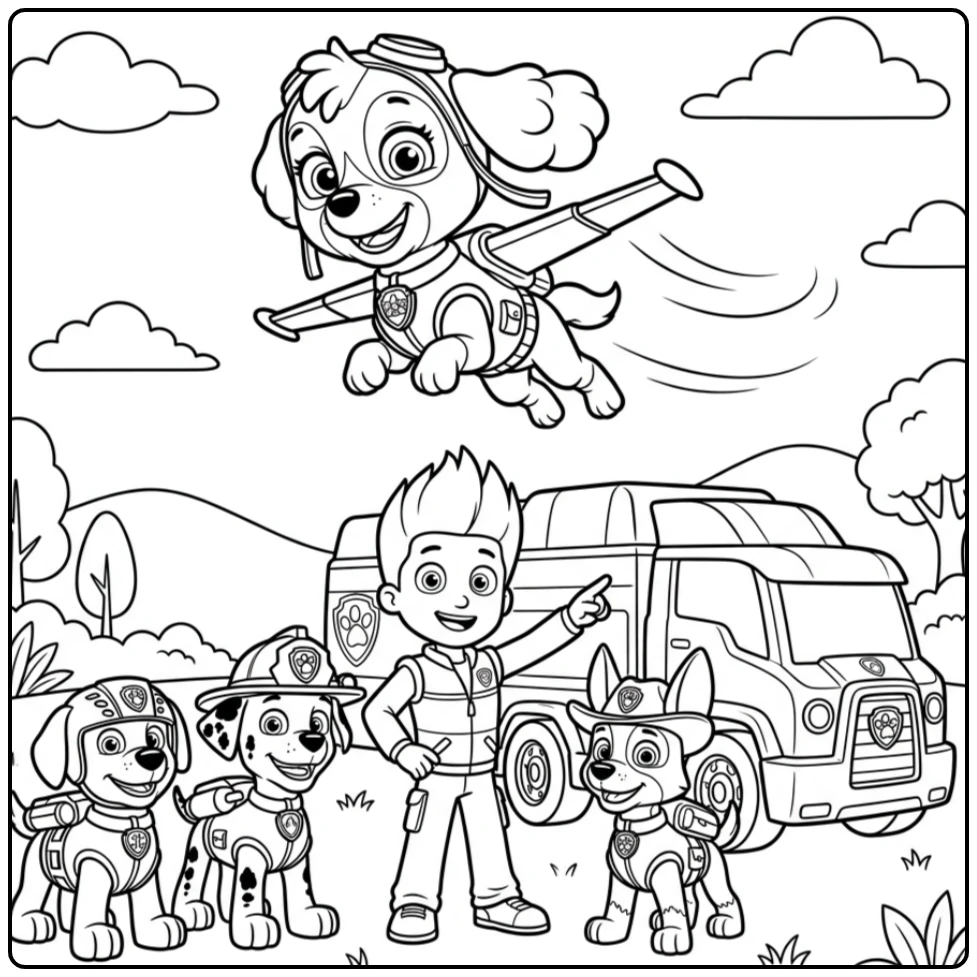 Flying Skye Paw Patrol the Entire Team coloring page