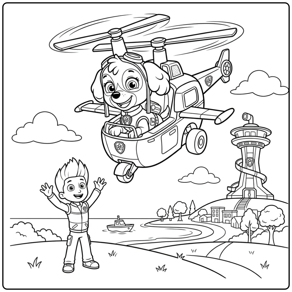 Flying Skye Paw Patrol Ryder and Lookout Tower coloring page