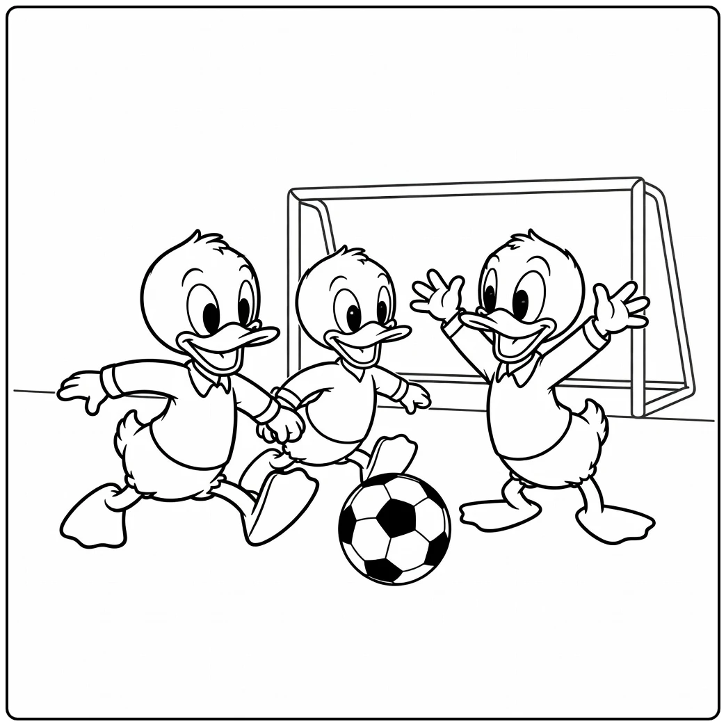 Soccer Adventure with Huey, Dewey, and Louie on the Field coloring page