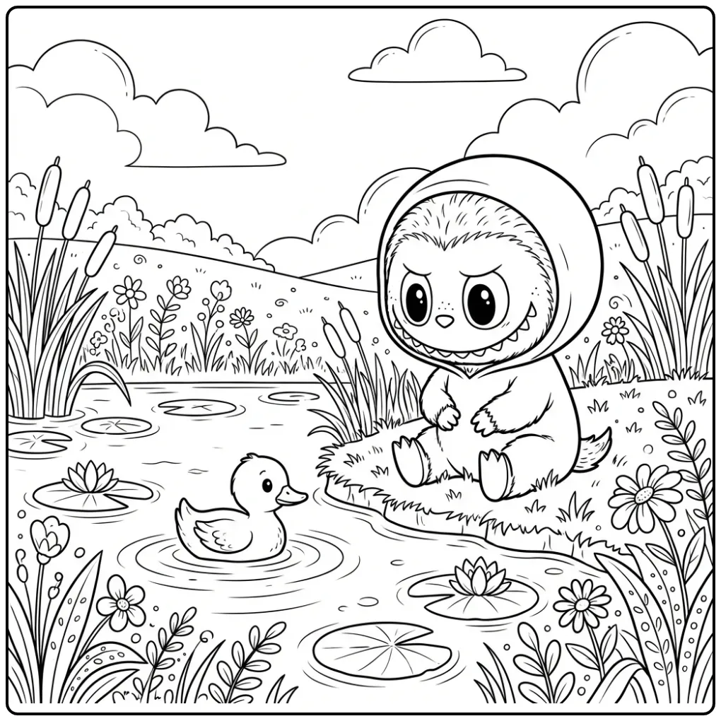 Peaceful Baby Labubu by the Lake coloring page