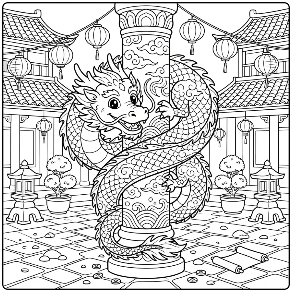 Peaceful Chinese Dragon in a Temple Garden coloring page
