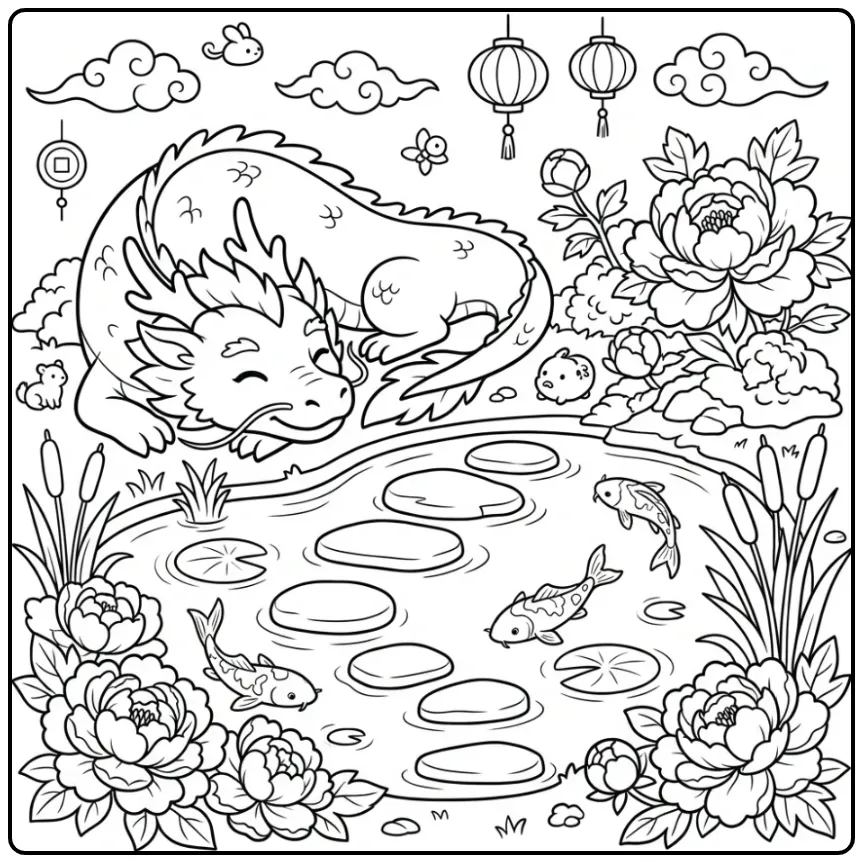 Peaceful Chinese Dragon Pond and Flowers coloring page