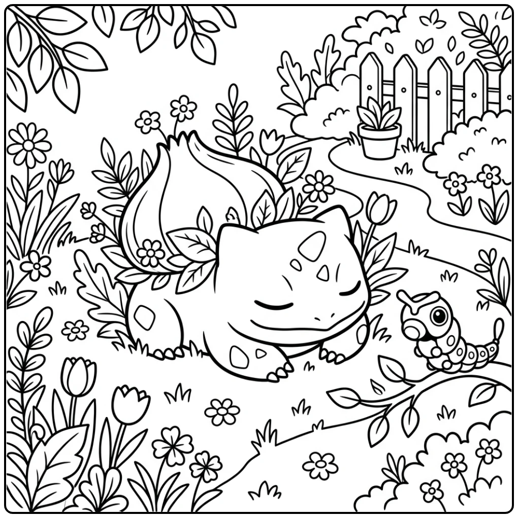 Peaceful Pokemon Cute Bulbasaur and Caterpie in the Garden coloring page