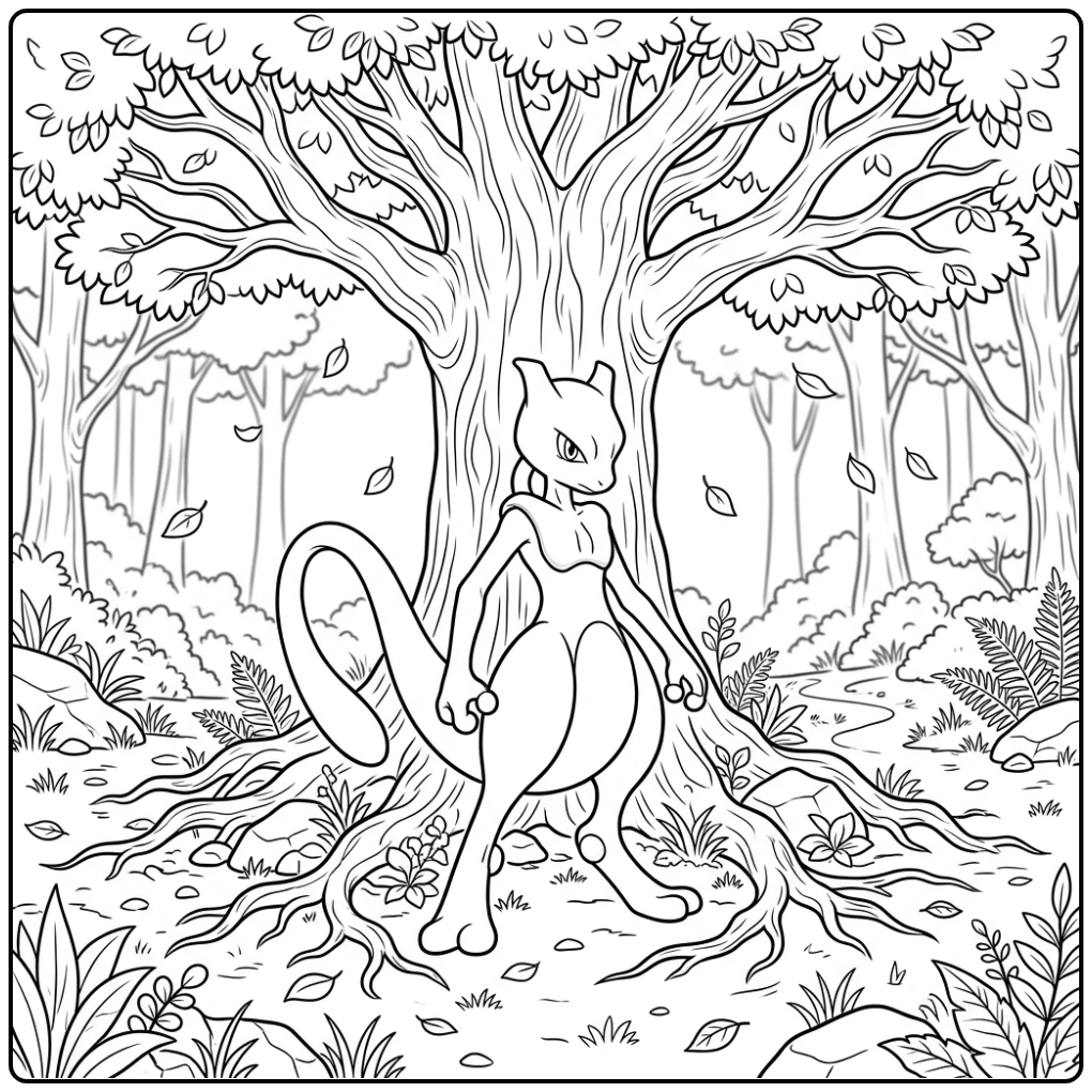 Peaceful Mewtwo by an Old Tree in the Forest coloring page