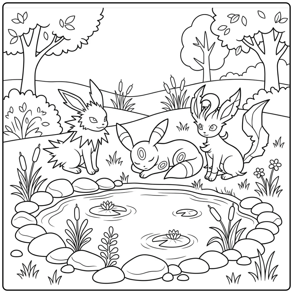 Peaceful Umbreon Leafeon and Jolteon coloring page