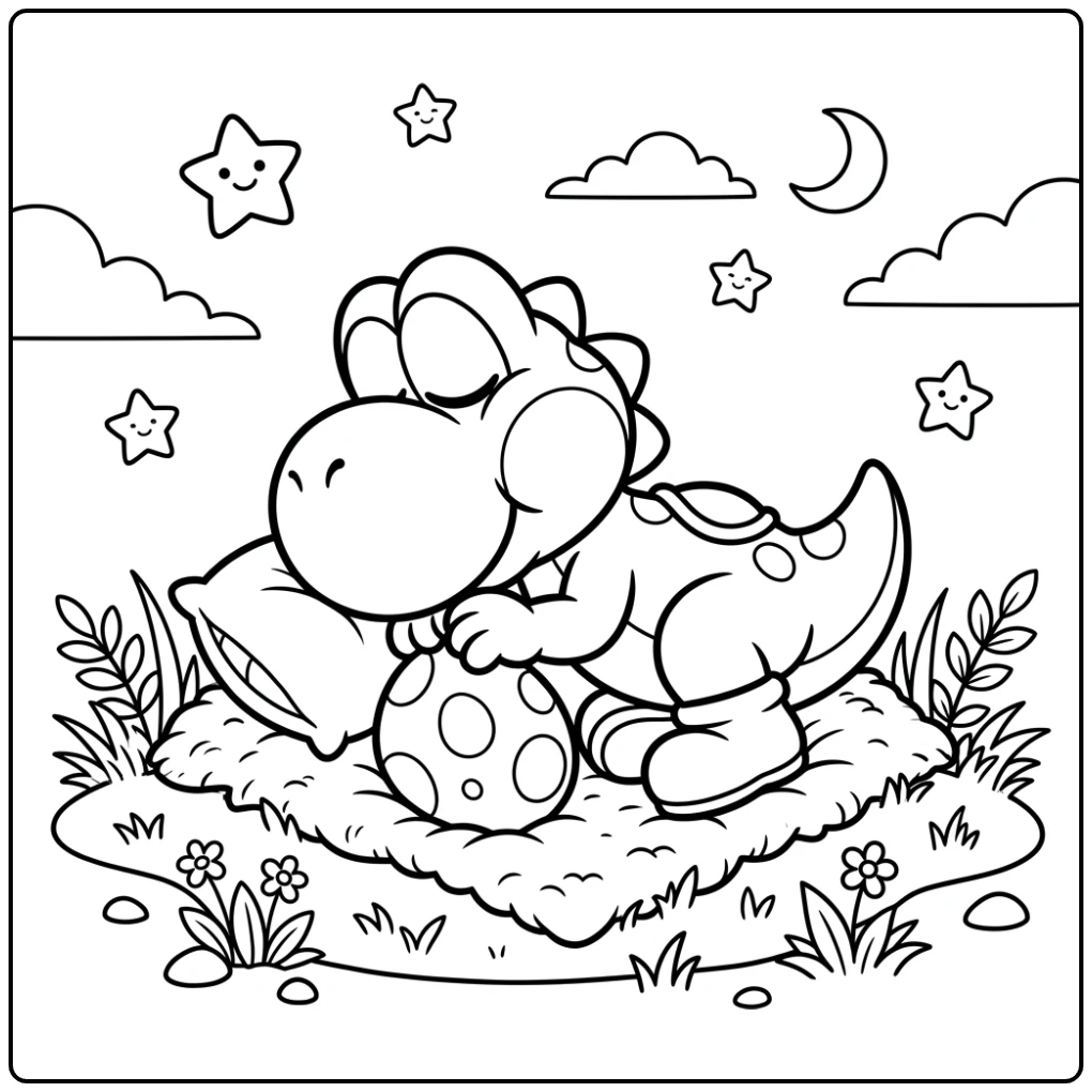 Peaceful Baby Yoshi Dreaming Beside His Egg coloring page