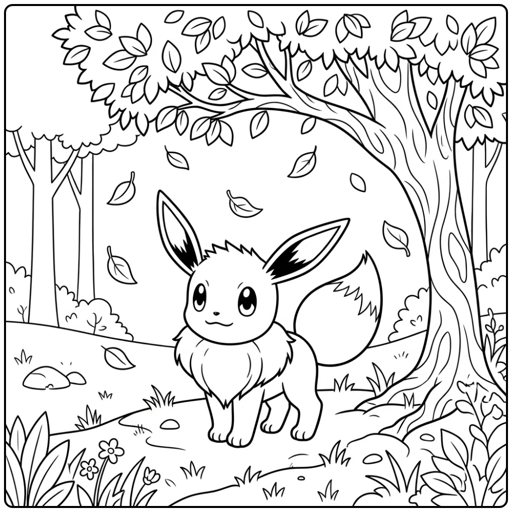 Peaceful Eevee in Autumn Mood Under the Tree coloring page