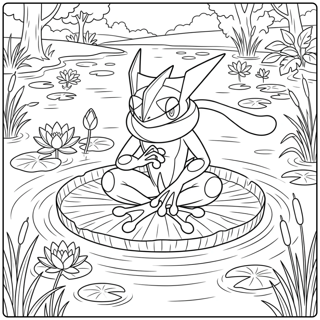 Peaceful Greninja on Water Lily in Quiet Pond coloring page