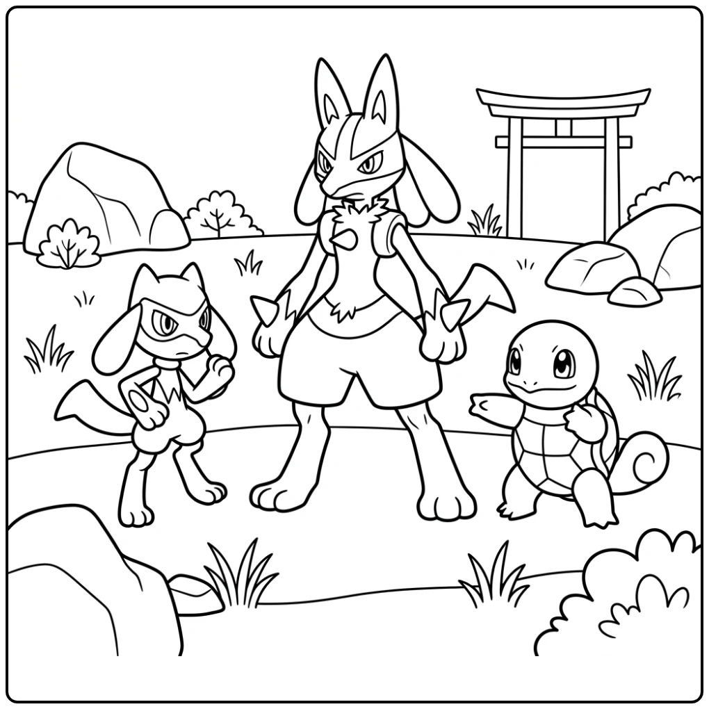 Peaceful Lucario Training with Squirtle and Riolu coloring page