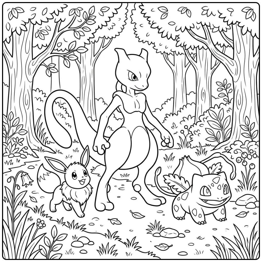 Peaceful Mewtwo in the Forest with Friends coloring page