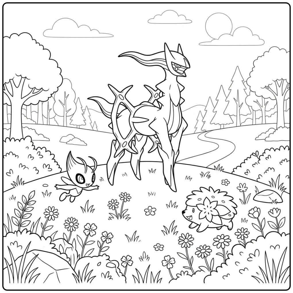Peaceful Pokemon Arceus with Celebi and Shaymin coloring page