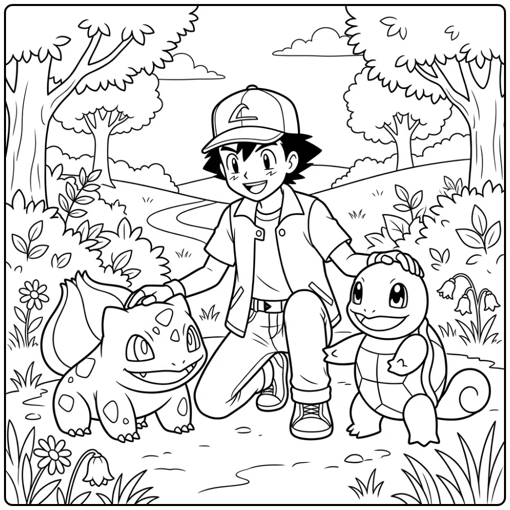 Friendly Moment with Bulbasaur and Squirtle Pokemon Ash coloring page
