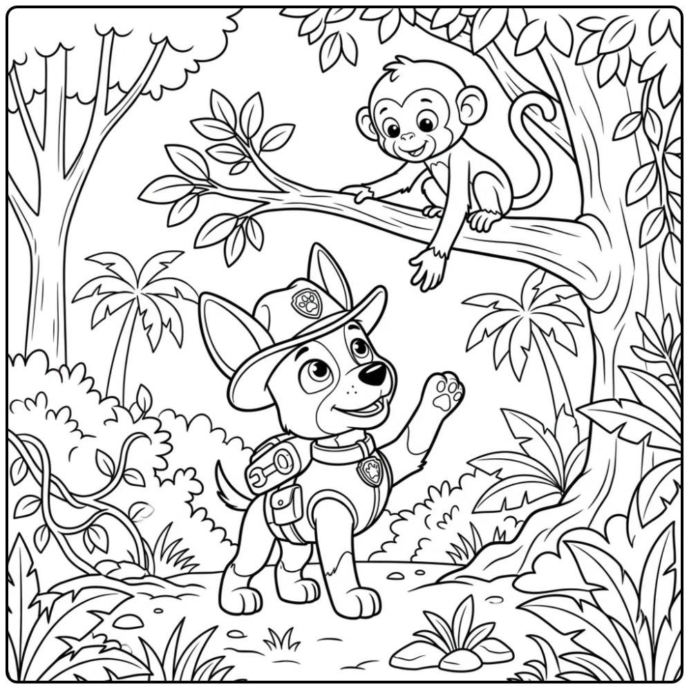 Friendly Paw Patrol Tracker and Monkey coloring page