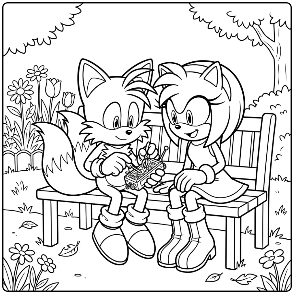 Tails and Amy Sharing Friendship on a Bench coloring page