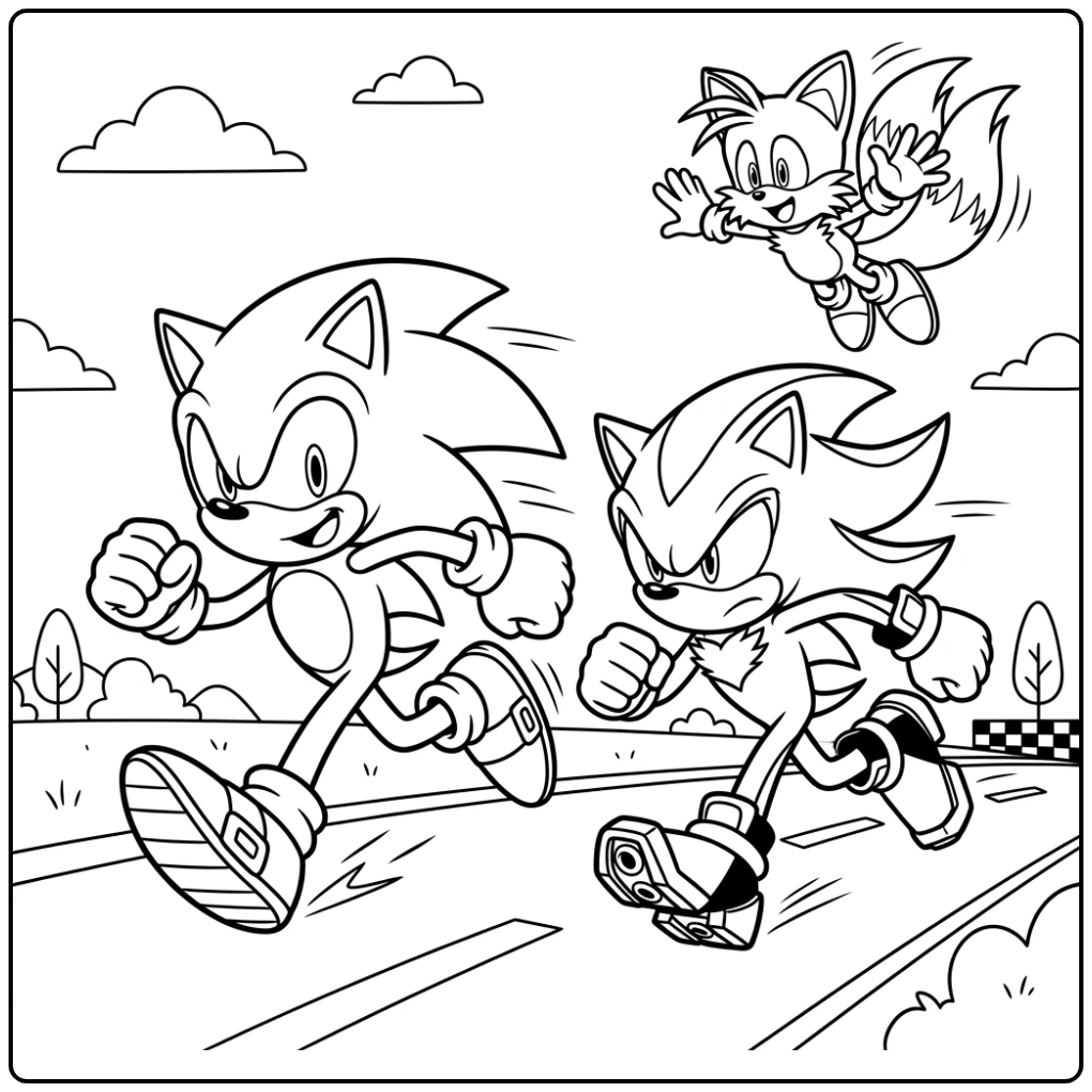 Friendly Race with Sonic Shadow and Tails coloring page