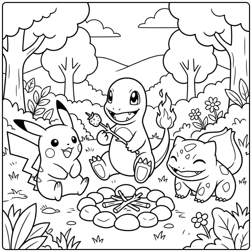 Cheerful Campfire Pokemon Cute Adventure Together coloring page