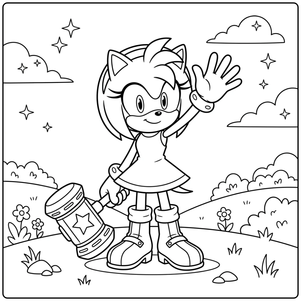Amy Rose coloring page with an energetic pose