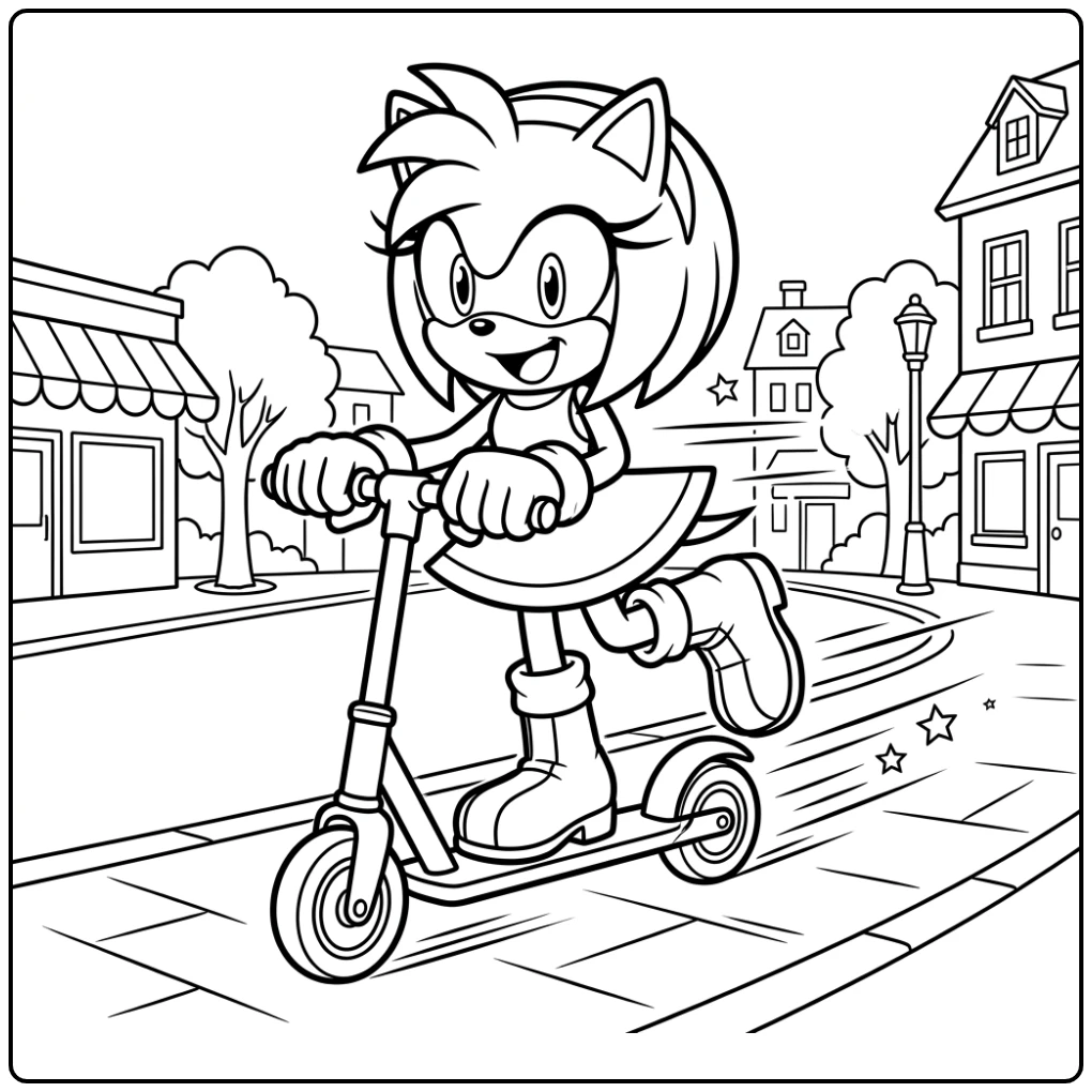 Cheerful Amy Rose on a Scooter coloring page