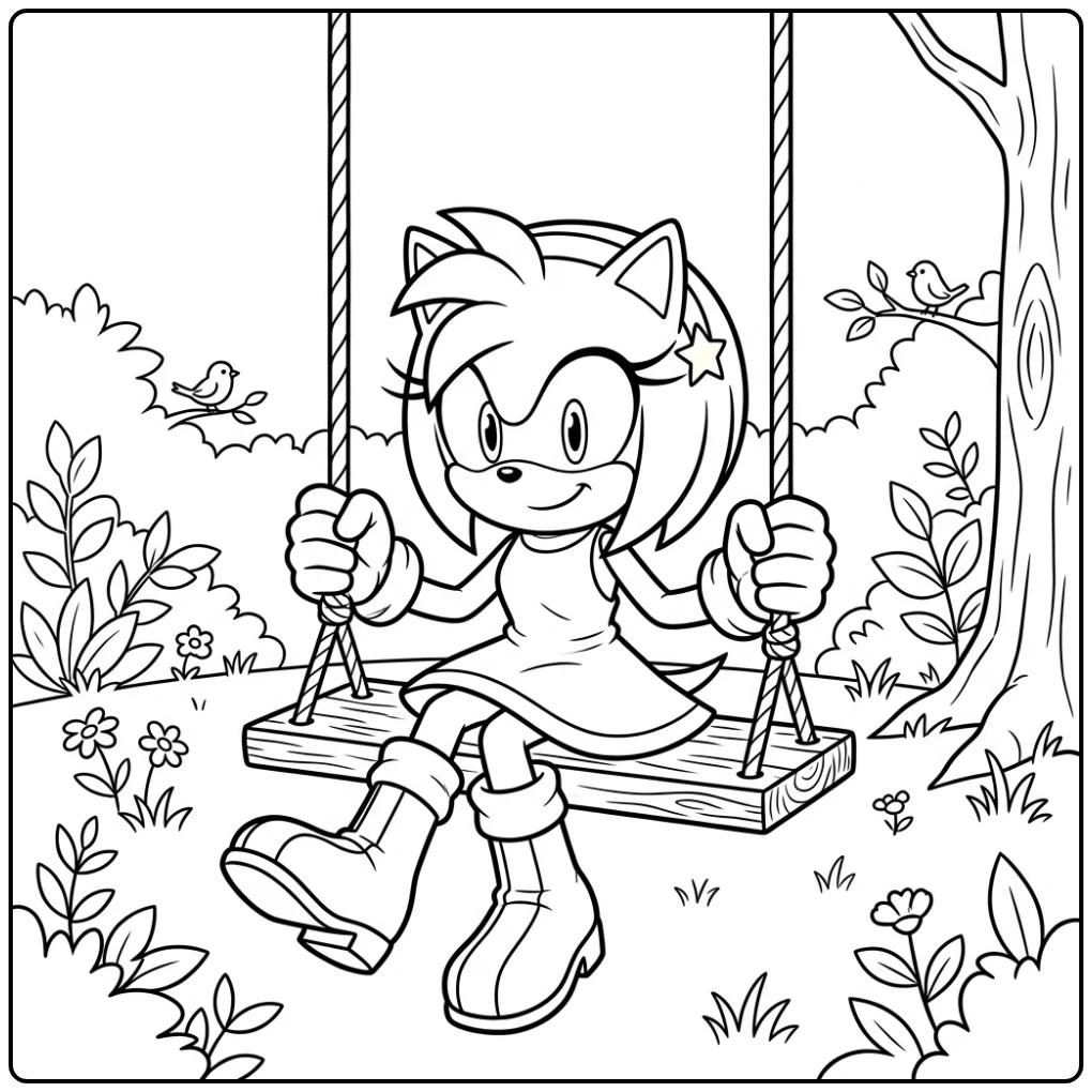 Cheerful Amy Rose Smiling on Her Swing coloring page