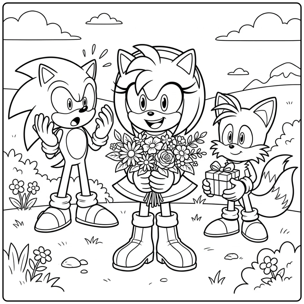 Cheerful Amy Rose and Tails with Gifts coloring page