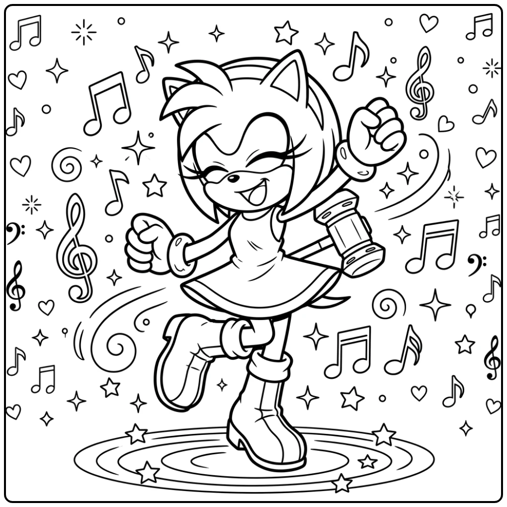 Cheerful Sonic Dancing Amy Rose with Musical Notes coloring page