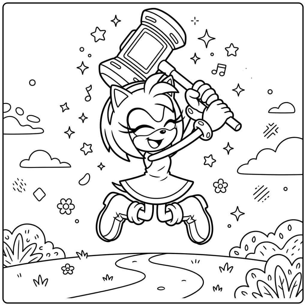Cheerful Amy Rose in Action with Her Hammer coloring page