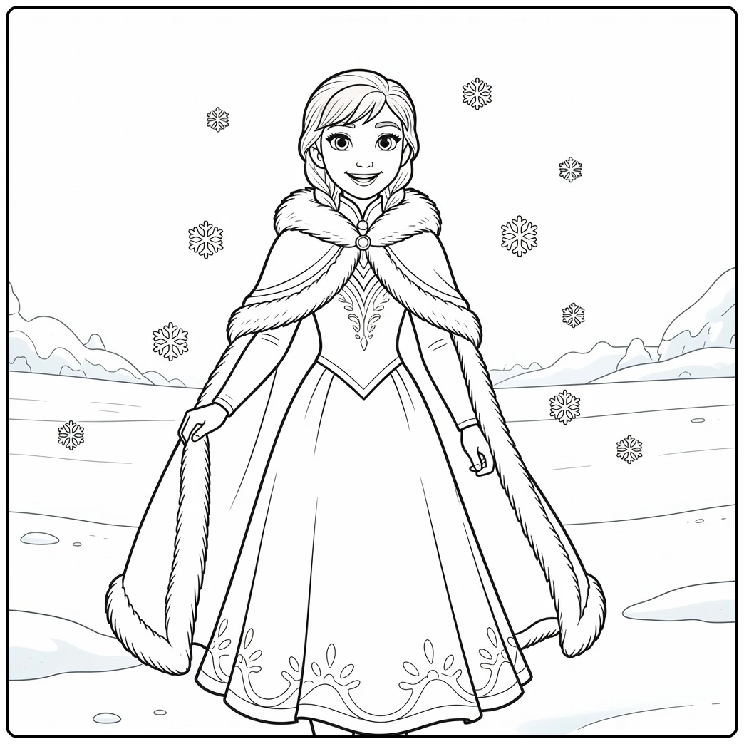 Cheerful Anna Winter Coat and Snowflakes coloring page