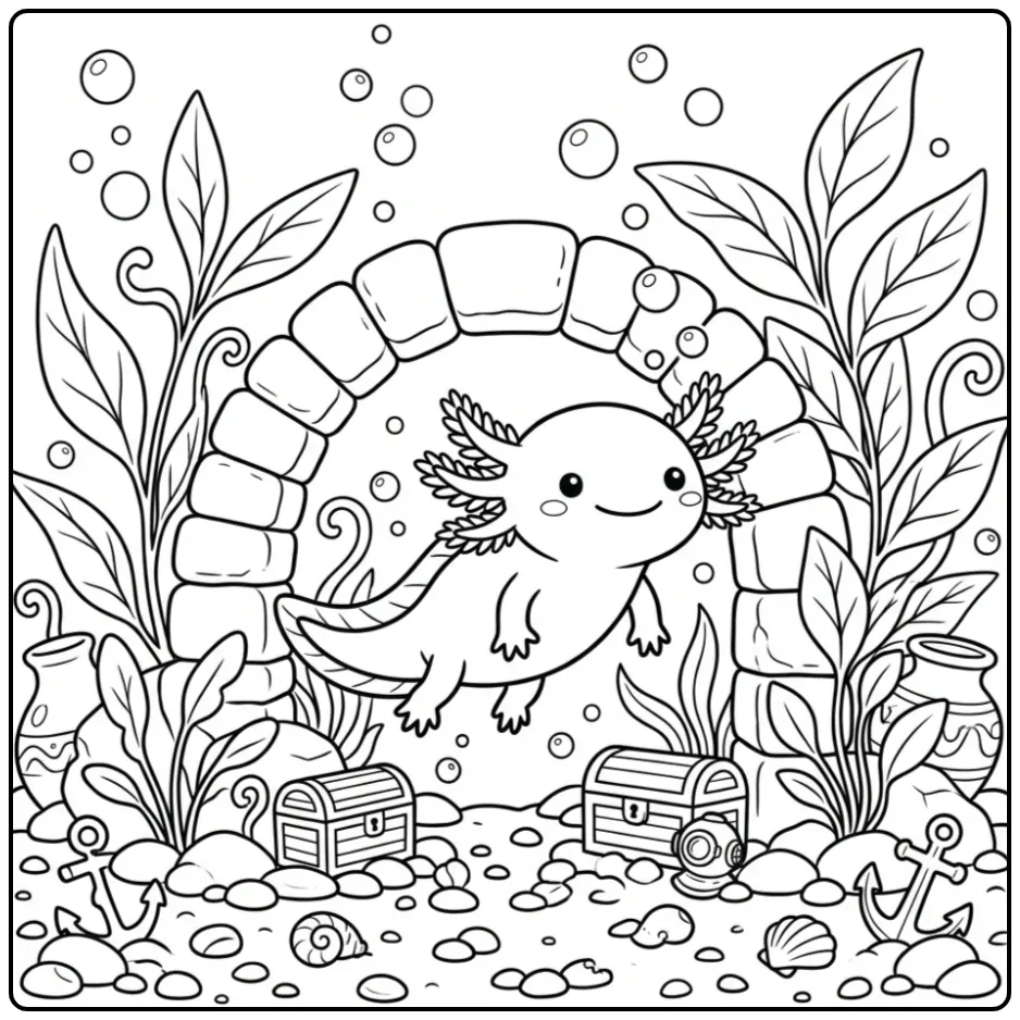 Cheerful Axolotl in an Aquarium with Bubbles coloring page