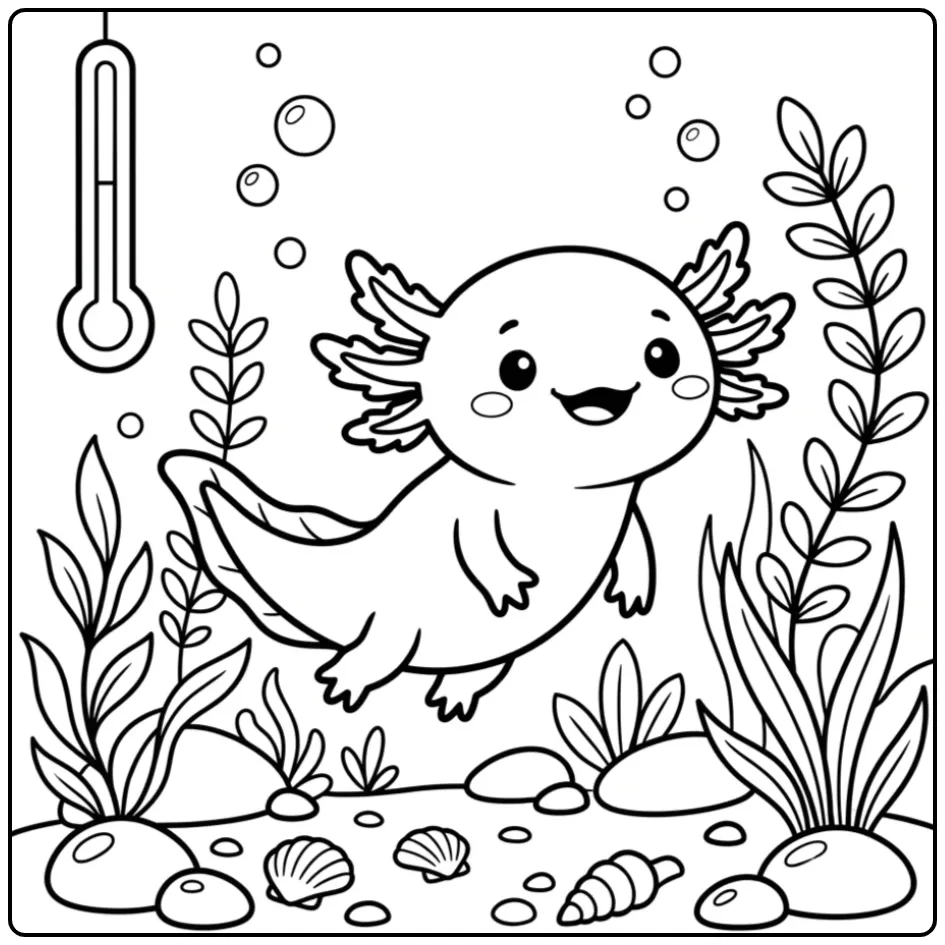 Cheerful Axolotl in an Aquarium with Plants coloring page