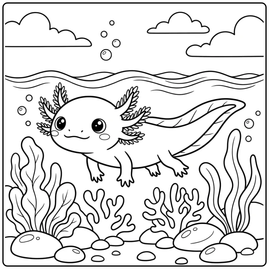 Cheerful Axolotl with Plants and Stones coloring page