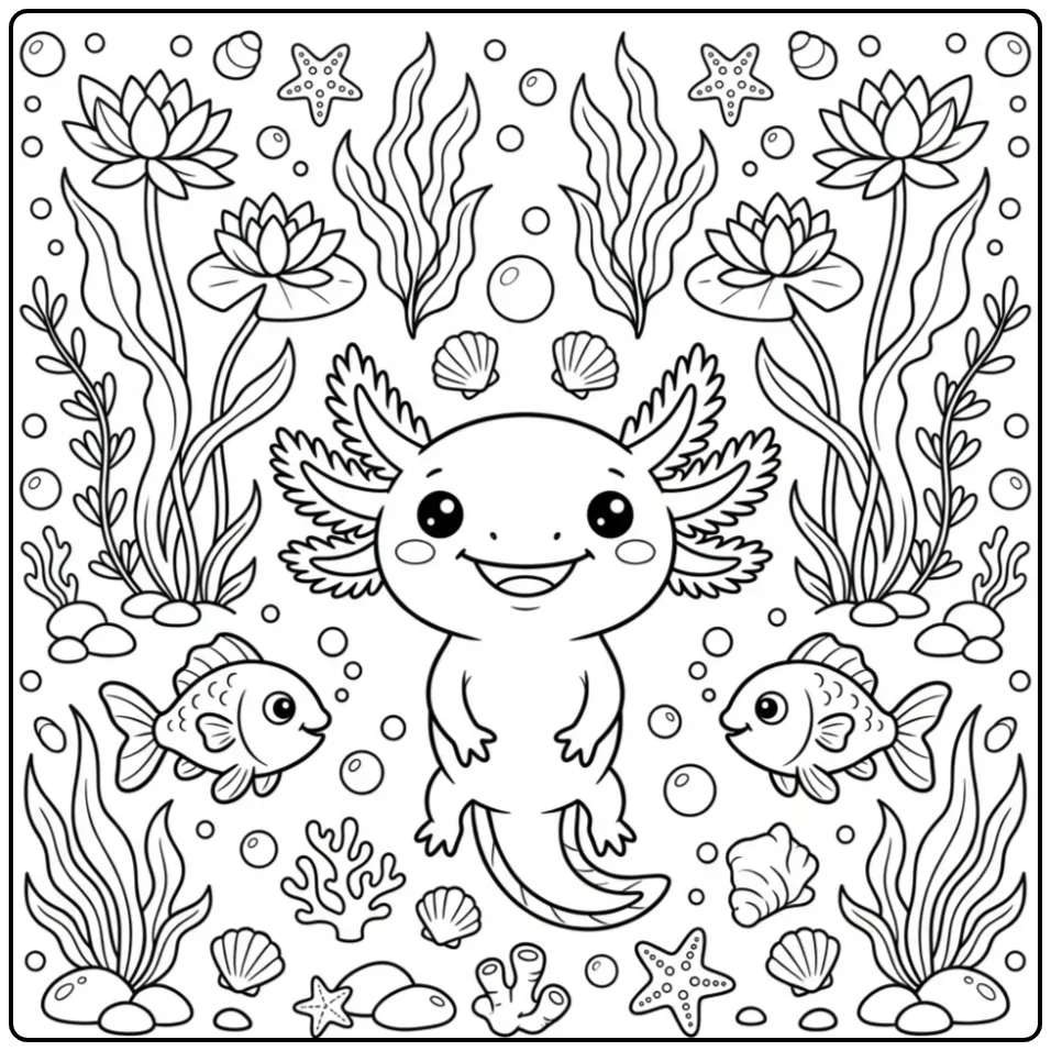 Cheerful Axolotl with Symmetrical Fish coloring page