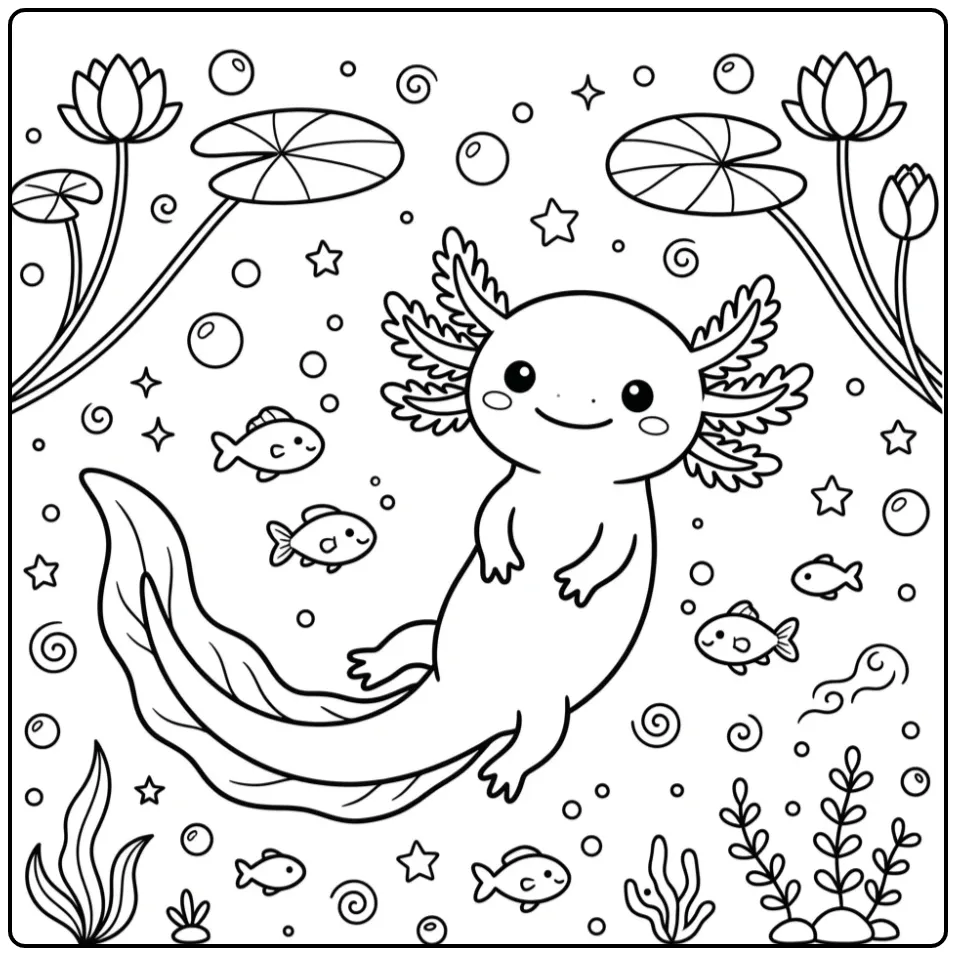 Cheerful Axolotl Underwater with Lily Stems coloring page