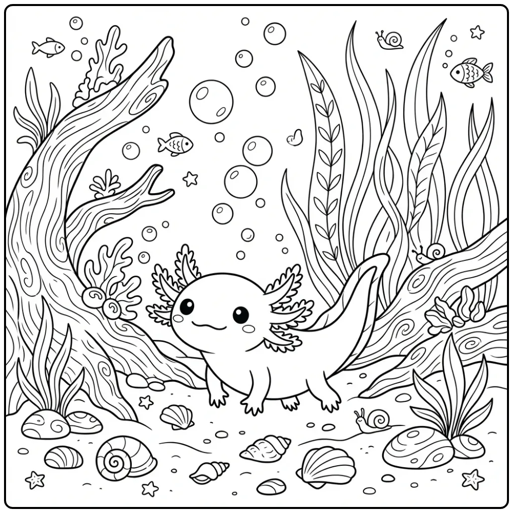 Cheerful Axolotl Underwater coloring page